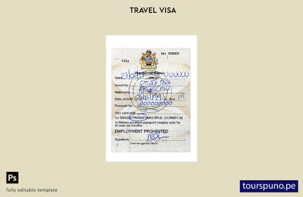 Plantilla de visa de viaje para Malawi lista para imprimir